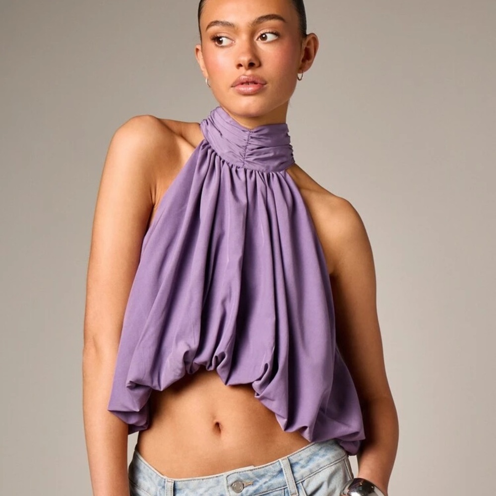 Halter Neck Puffball Top With Tie Detail Ruched Sleeveless Blouse For Spring